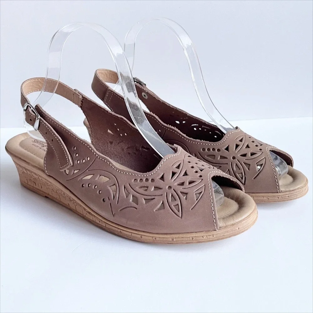 Spring Step Orella Wedge Sandals 41 Italian Leather Laser Cut Floral Tan Taupe‎